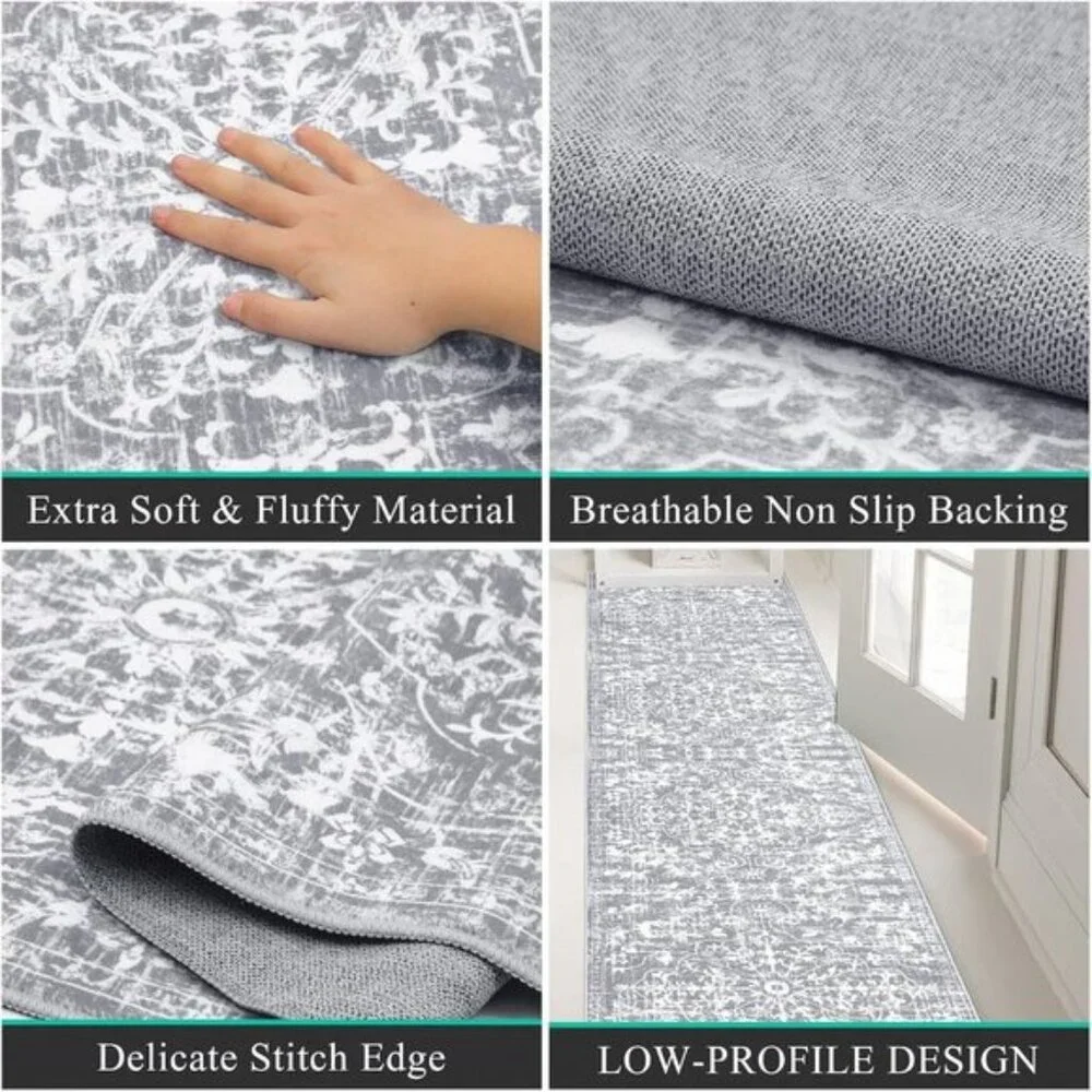 2x10 Grey White Runner Area Rug, Washable Non-Slip Vintage Carpet for Hallway